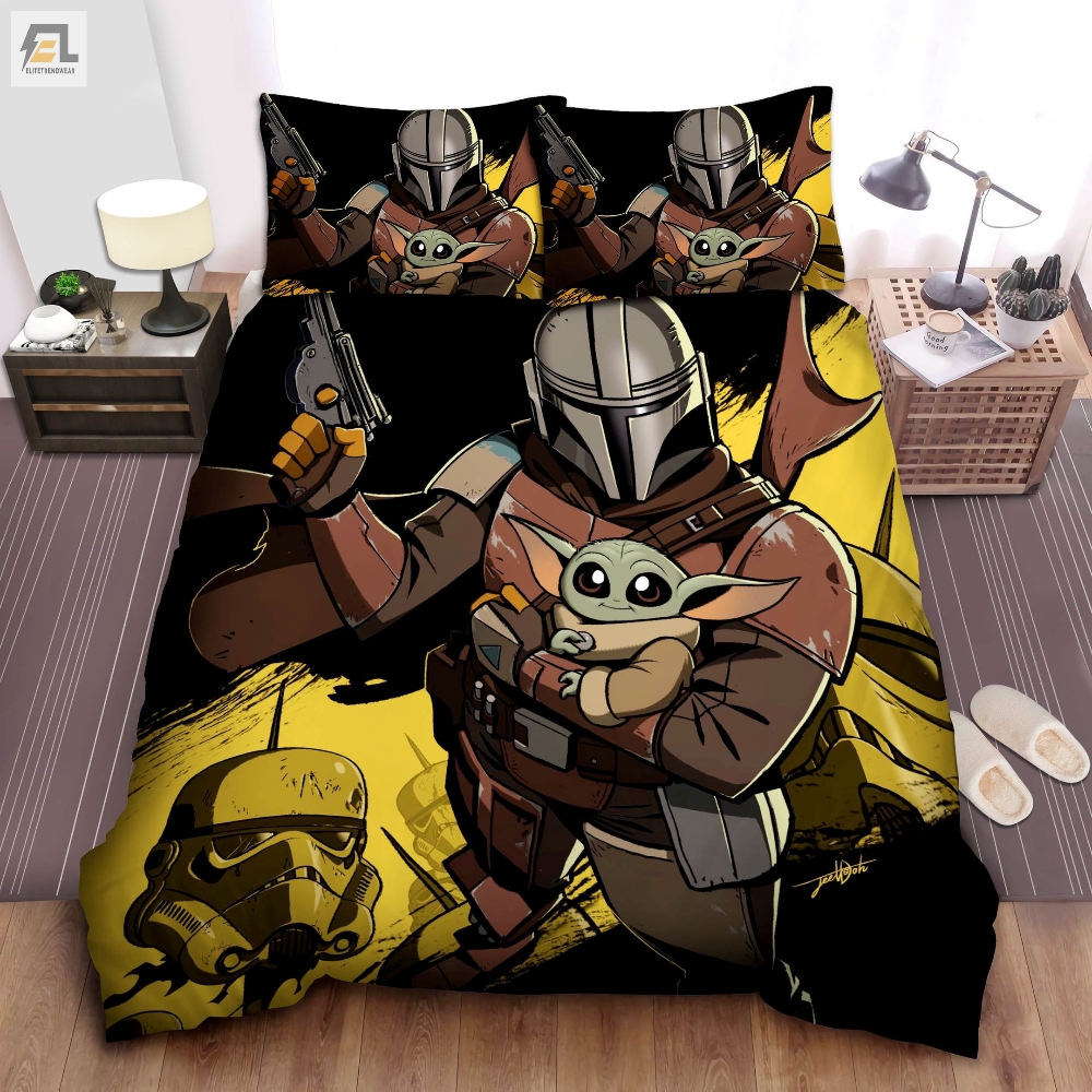 The Mandalorian And Baby Grogu In Cartoonish Illustration Bed Sheets Spread Comforter Duvet Cover Bedding Sets 