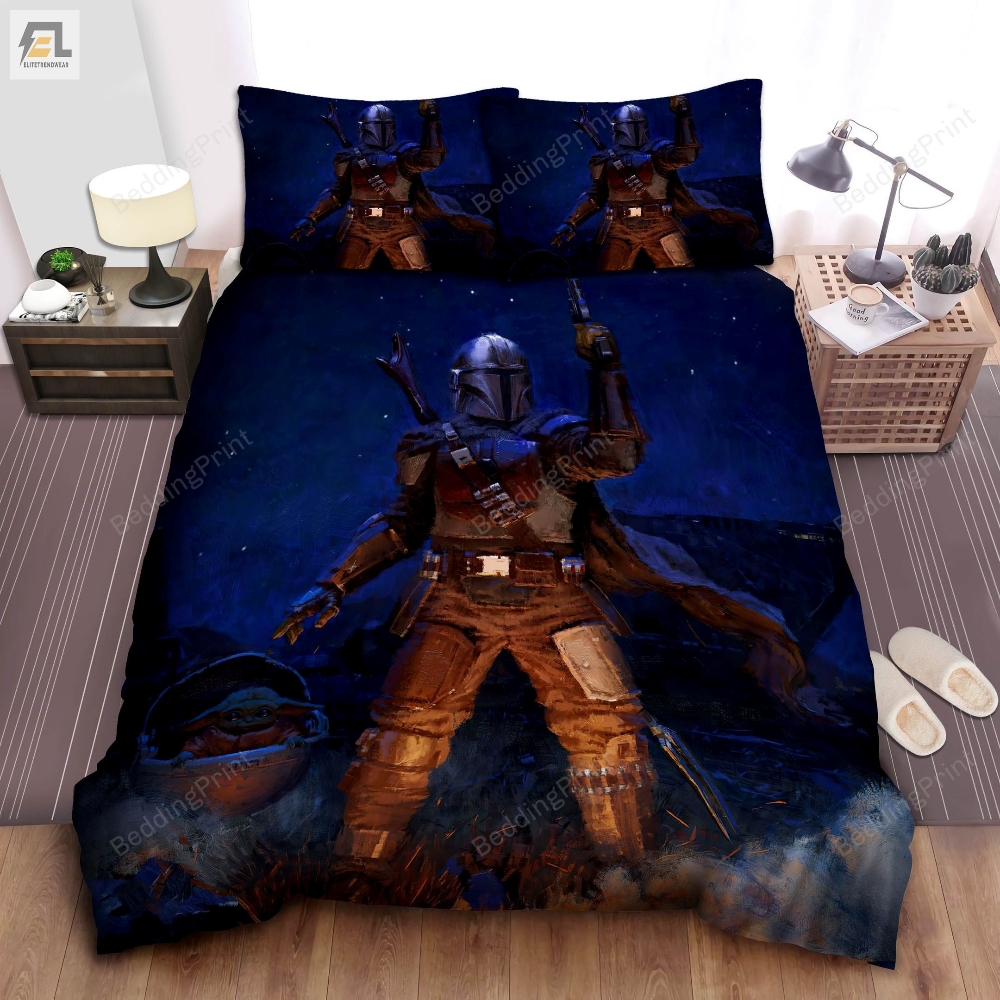 The Mandalorian  Grogu In The Night Illustration Bed Sheets Duvet Cover Bedding Sets 