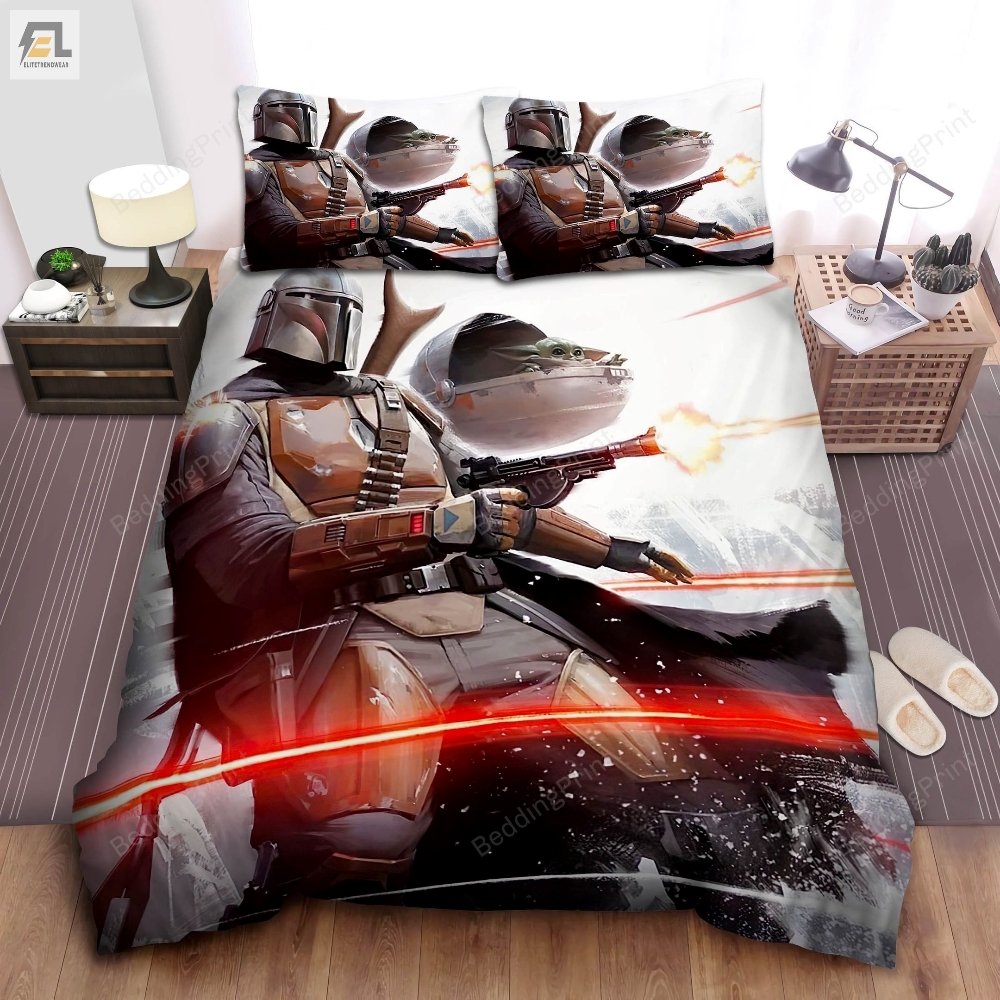 The Mandalorian  Grogu Fighting Together Illustration Bed Sheets Duvet Cover Bedding Sets 