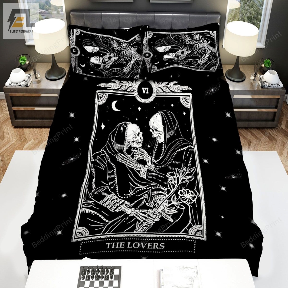 The Lovers Tarot Card With Black  White Skulls Bed Sheets Duvet Cover Bedding Sets 