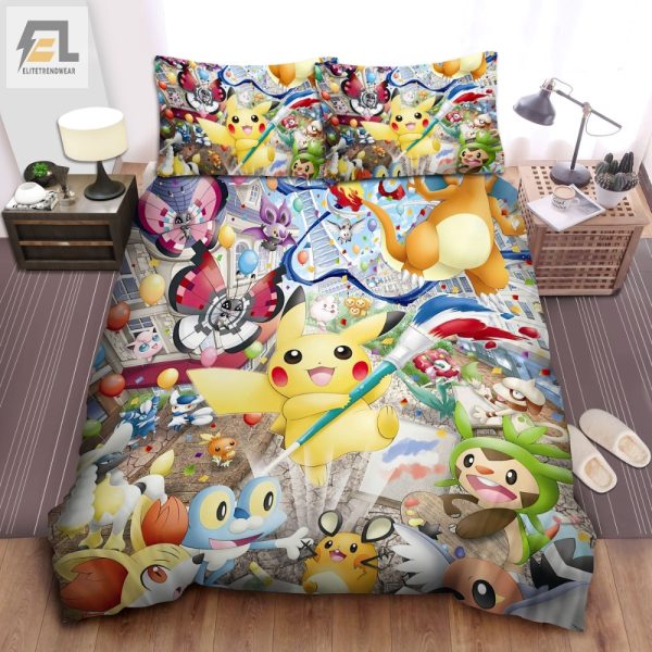 Snuggle With Pikachu Quirky Brush Pen Bedding Set elitetrendwear 1