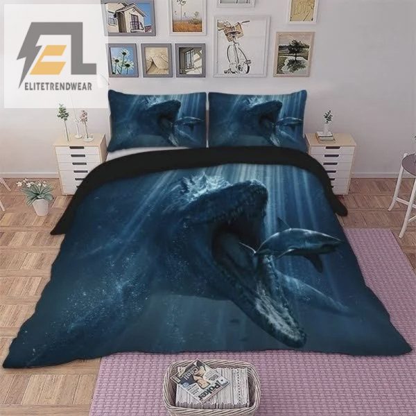 Dino Devours Shark Duvet Roarsome Bedding Fun elitetrendwear 1