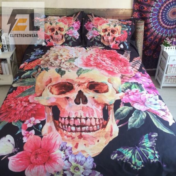 Rest In Pieces Quirky Flower Skull Duvet Cover Set elitetrendwear 1